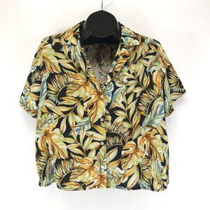Panama Jack Cropped Button Up Hawaiian Shirt Women's Large Linen Blend Tropical